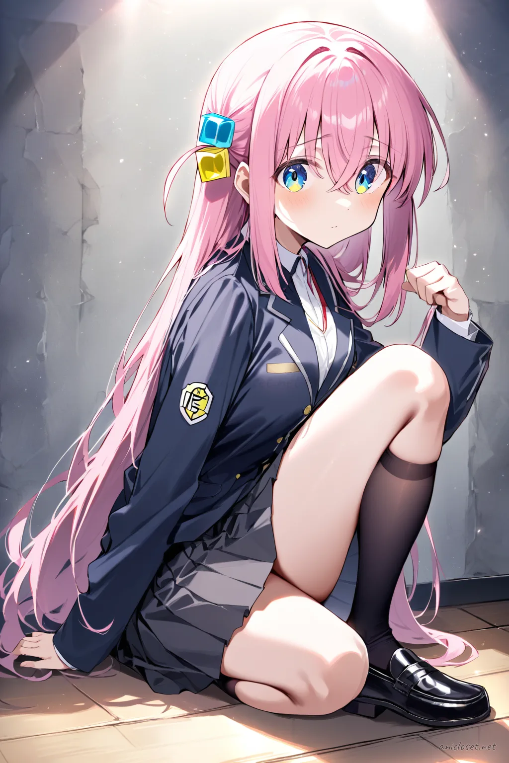 Illustration of Hitori Gotoh in a knee-up half-body pose wearing a navy blazer with school emblem, white dress shirt, red necktie, and black pencil skirt under soft studio lighting