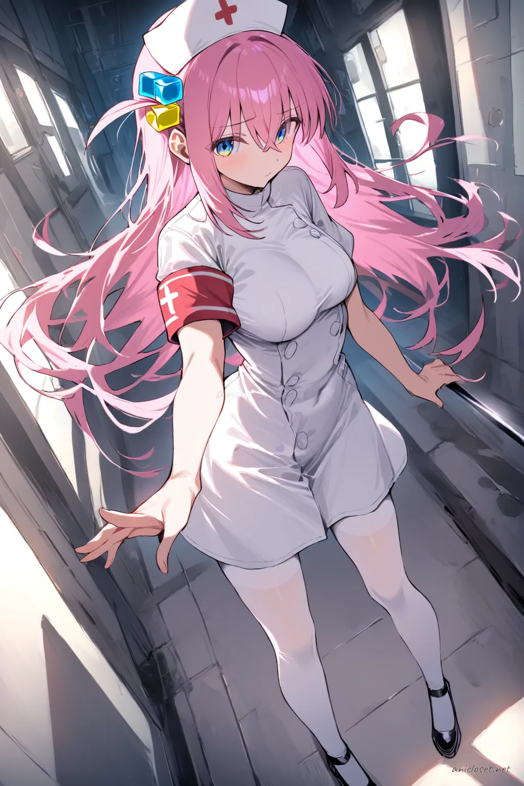 Illustration of Hitori Gotoh wearing a fitted nurse uniform dress with short hem, nurse cap, red cross armband, sheer white tights, black mary janes, and white gloves