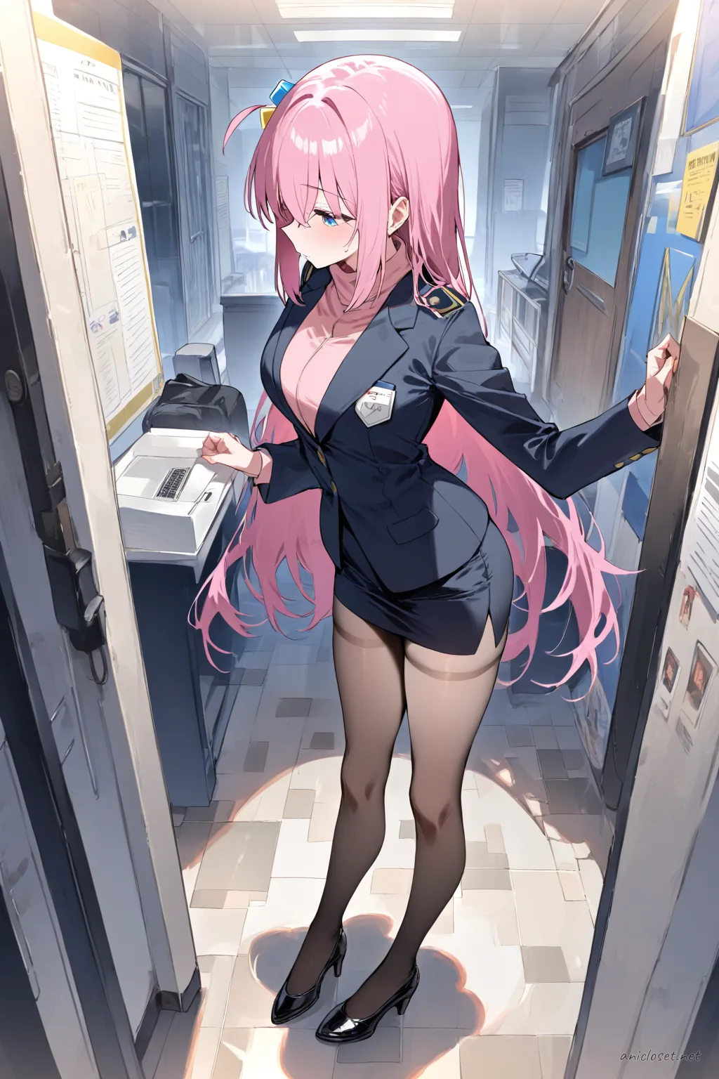 Illustration of Hitori Gotoh in airline cabin-attendant uniform with tailored jacket, silk scarf, pencil skirt, sheer tights, and black pumps in three-quarter view