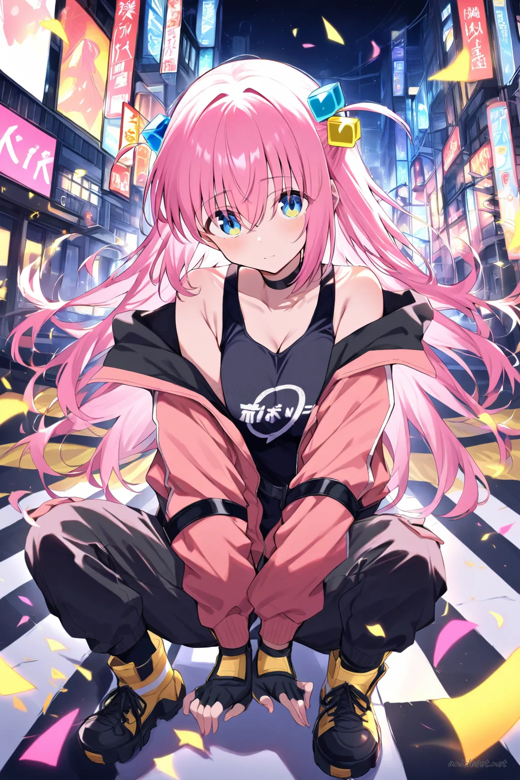 Illustration of Hitori Gotoh wearing an open firefighter turnout jacket over a fitted tank top, cargo shorts, firefighter boots, and holding a helmet under her arm