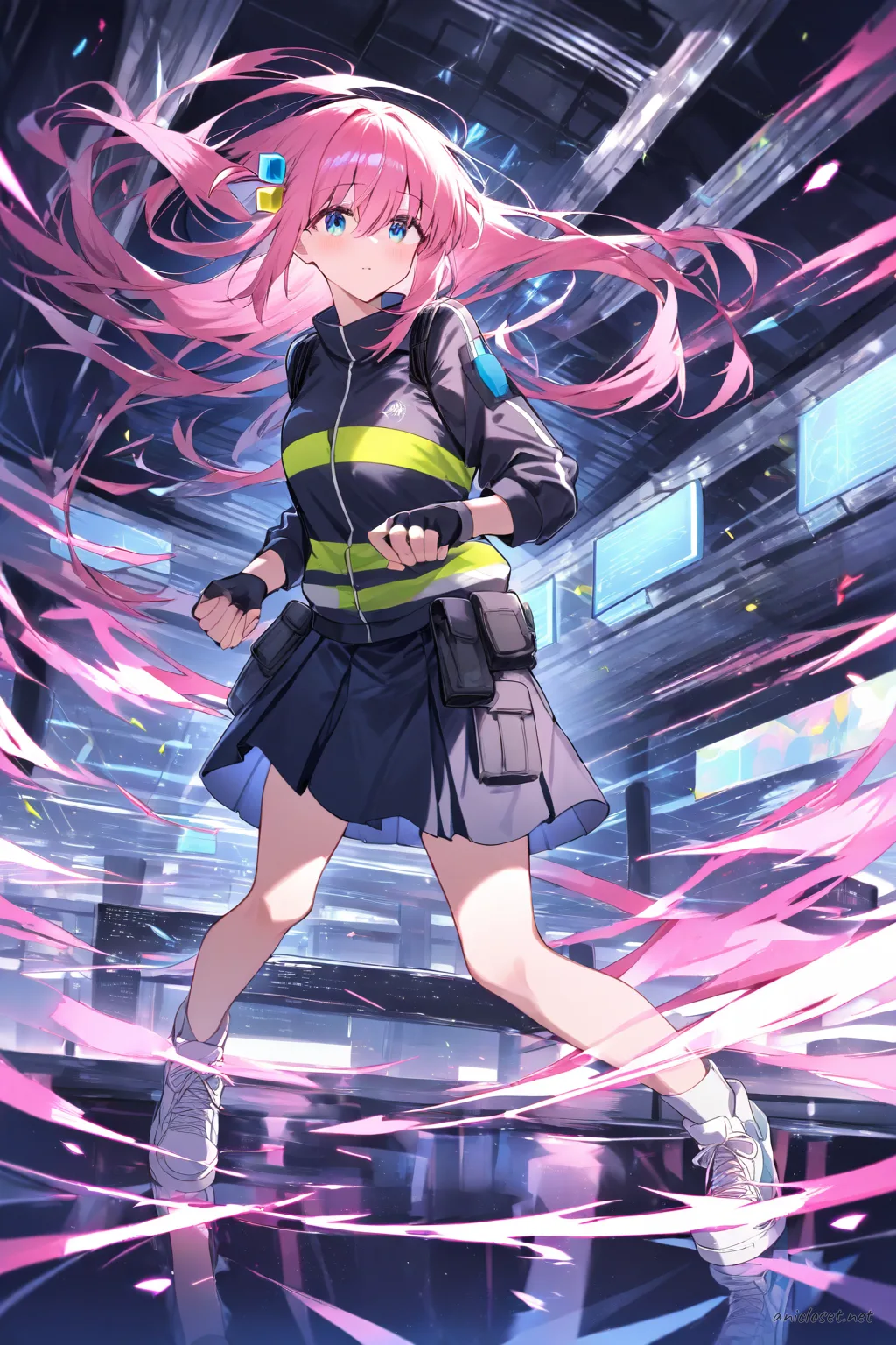 Illustration of Hitori Gotoh wearing a fitted paramedic jacket with reflective stripes, short cargo skirt, utility belt, white sneakers, and fingerless gloves