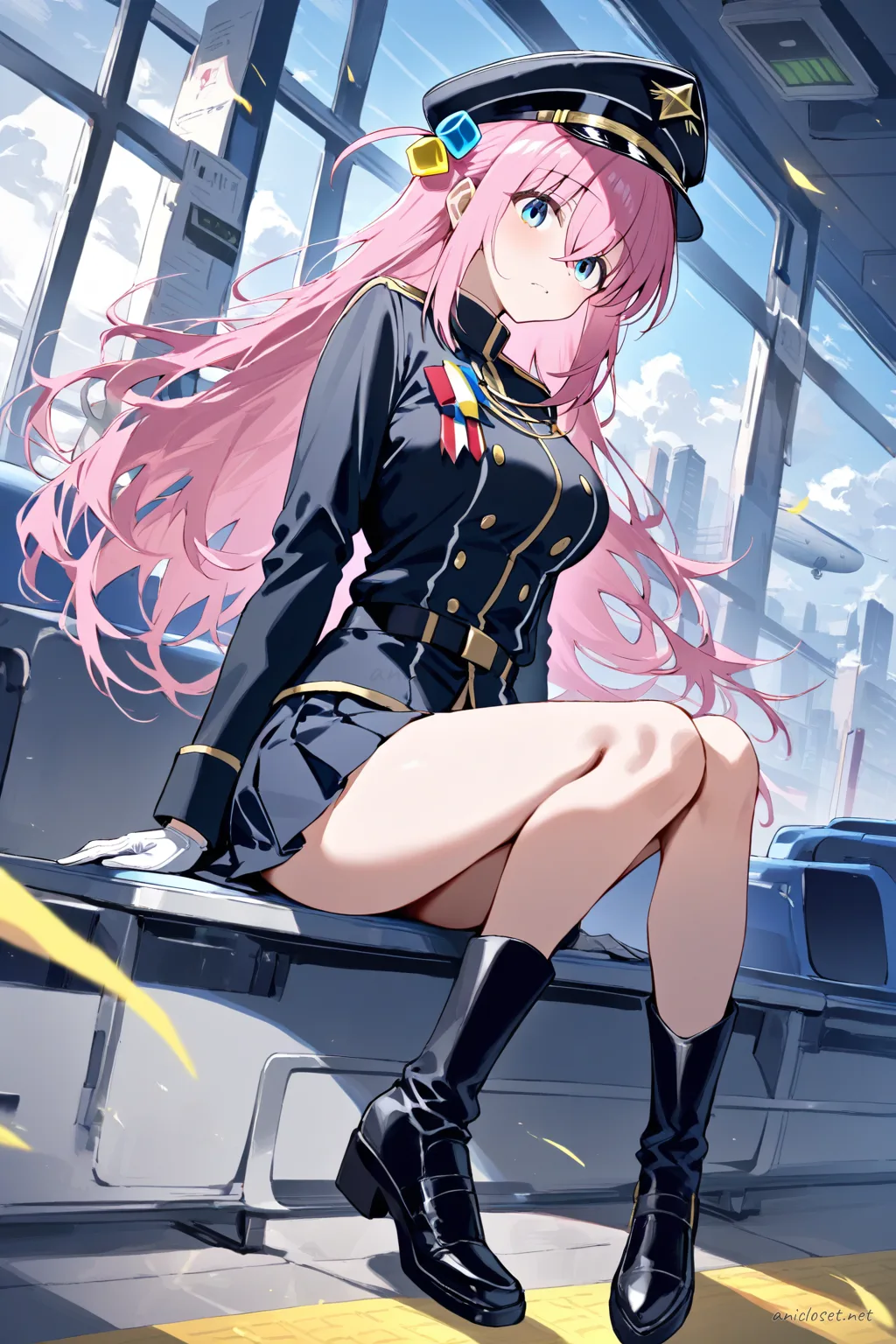 Illustration of Hitori Gotoh wearing a fitted military-dress parade uniform with pleated short skirt, peaked cap, white gloves, medal ribbons, and knee-high polished boots
