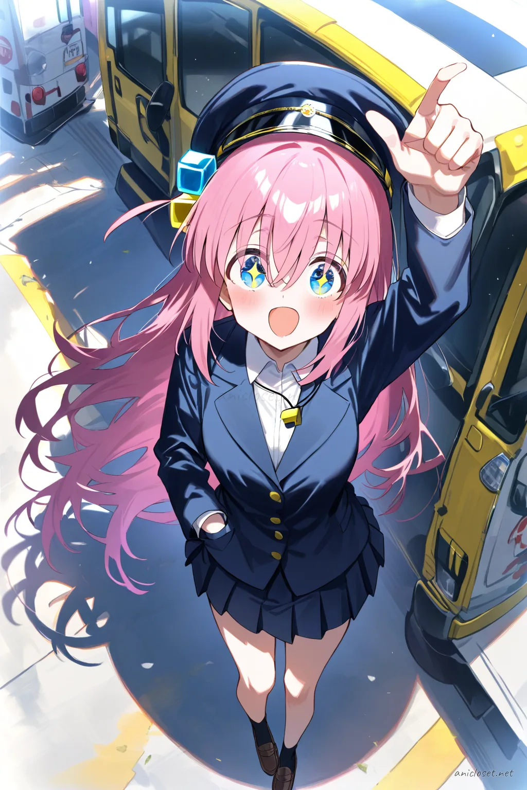 Illustration of Hitori Gotoh wearing a navy station attendant uniform with pleated skirt, cap, white gloves, and whistle necklace
