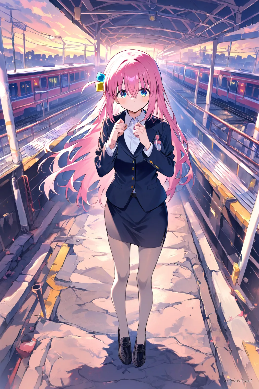 Illustration of Hitori Gotoh in office security uniform with fitted blazer, necktie, pencil skirt, badge, radio mic, and sheer tights