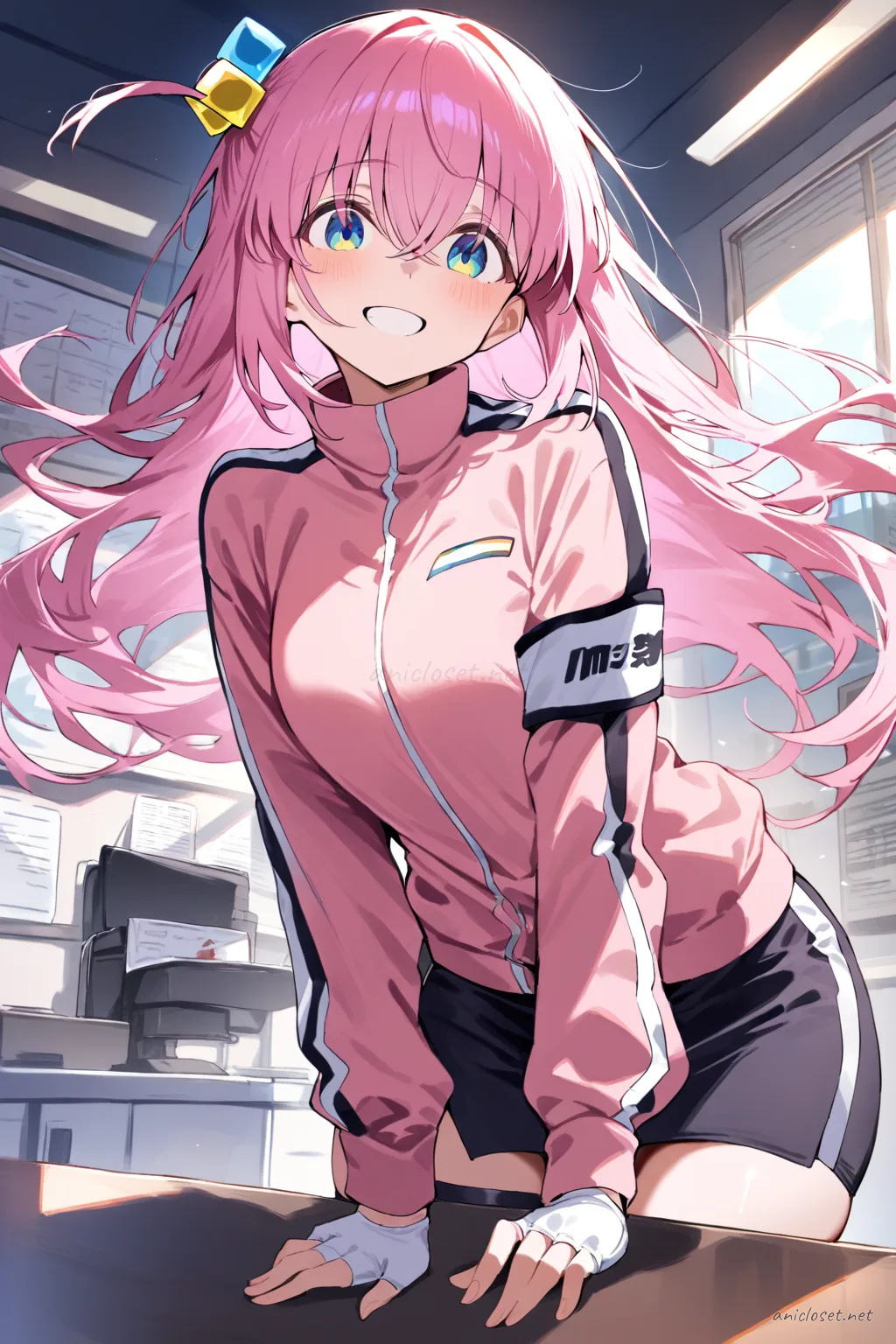 Illustration of Hitori Gotoh in a tight racing jacket, mini skirt, thigh-high boots, and fingerless gloves with sponsor-like stripes