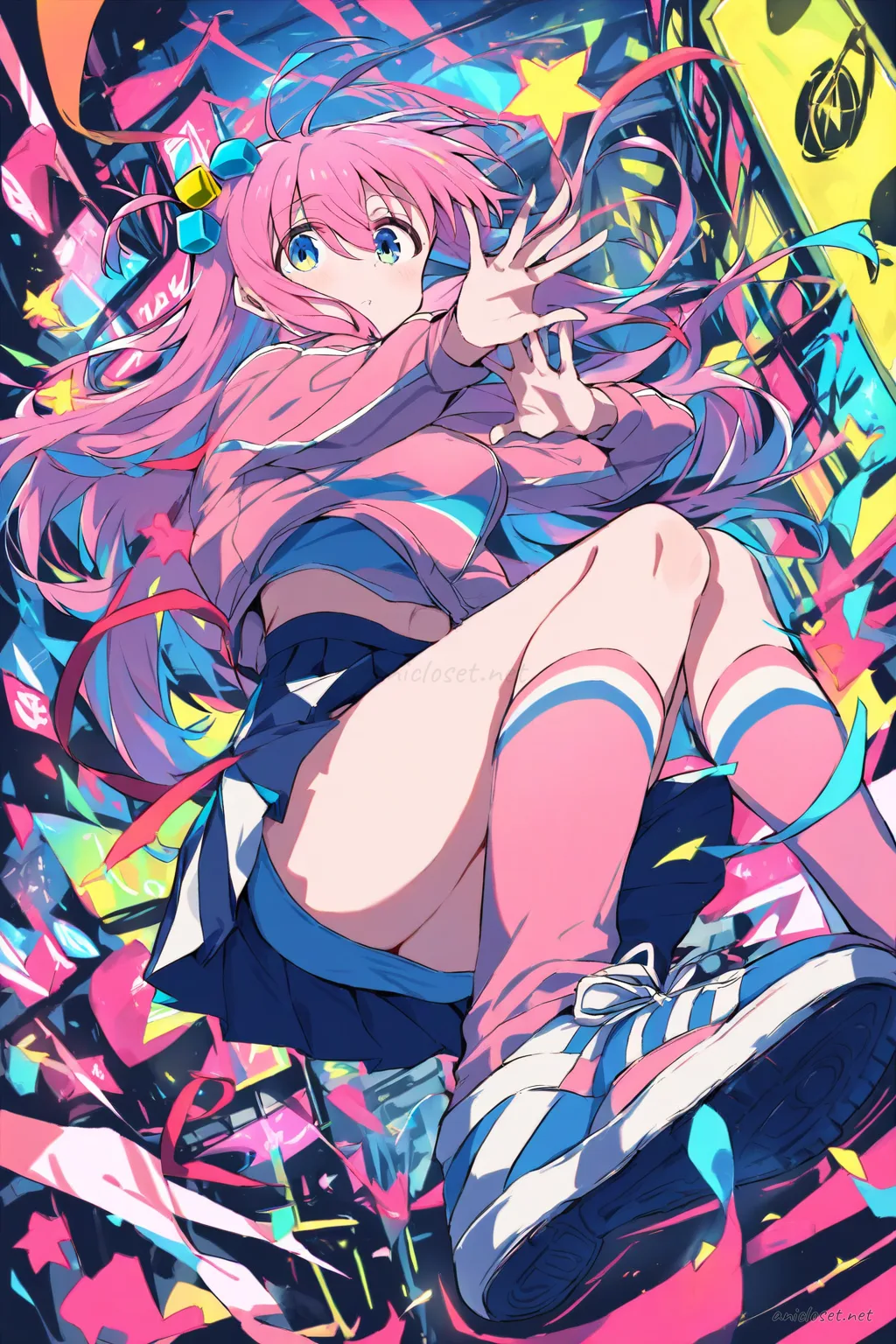 Illustration of Hitori Gotoh wearing a cheer squad uniform with a fitted crop jacket, short pleated skirt, knee socks, and sneakers