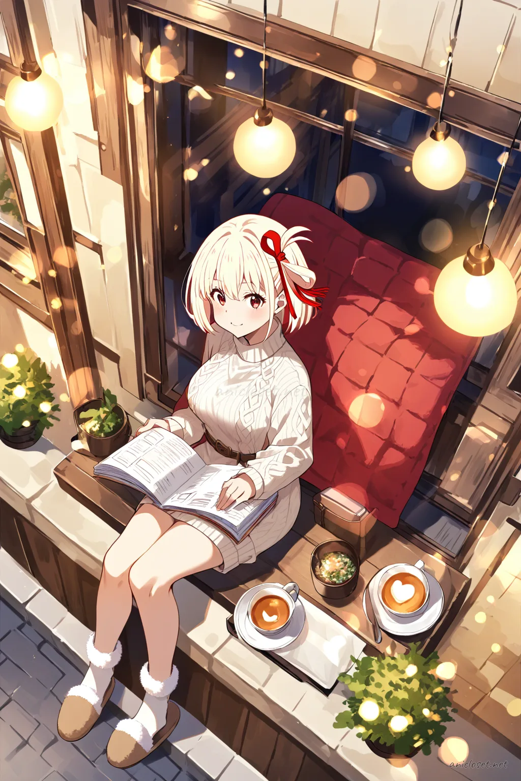Full body illustration of Chisato Nishikigi in cream cable knit sweater dress with brown belt, fuzzy knee socks, and beige slippers curling on sofa with magazine and throw blanket