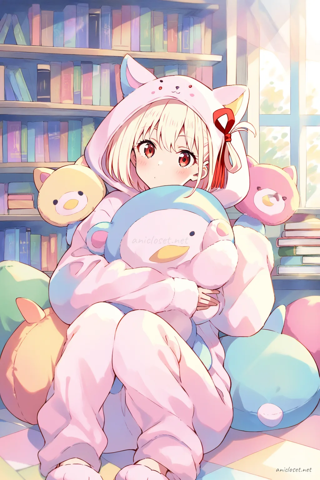 Full body front view of Chisato Nishikigi wearing a pastel fleece one-piece animal kigurumi pajama with costume-ear hood and paw cuffs, holding a matching plush while seated on a beanbag cushion in a softly lit room