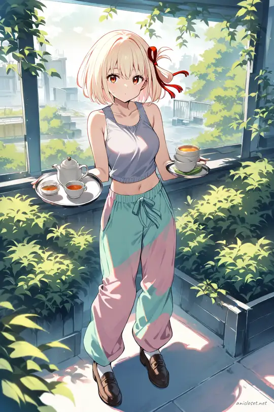 Full body illustration of Chisato Nishikigi standing in soft knit tank top, short cardigan, wide pastel trousers, hair ribbon, and slip-on loafers