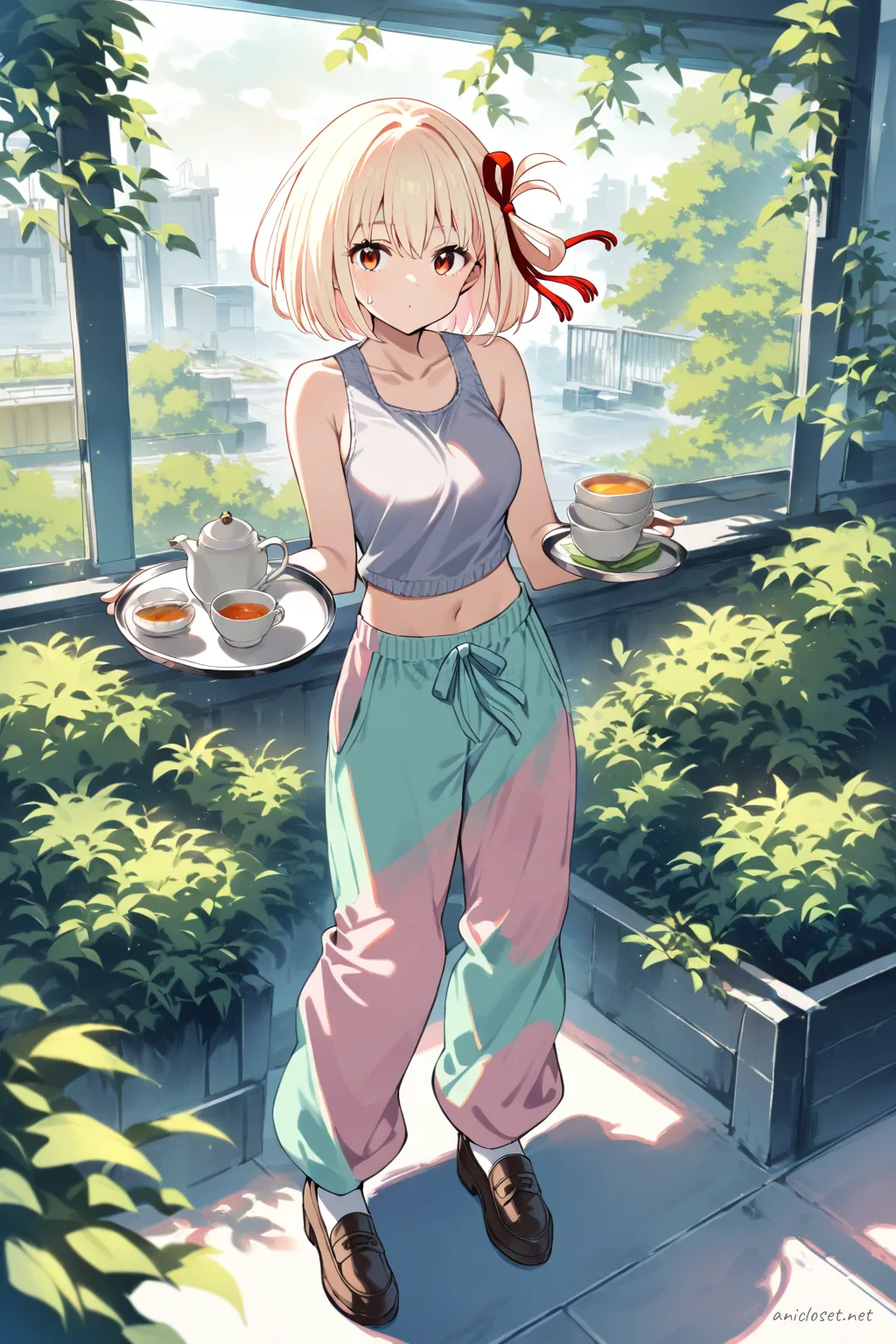 Full body illustration of Chisato Nishikigi standing in soft knit tank top, short cardigan, wide pastel trousers, hair ribbon, and slip-on loafers