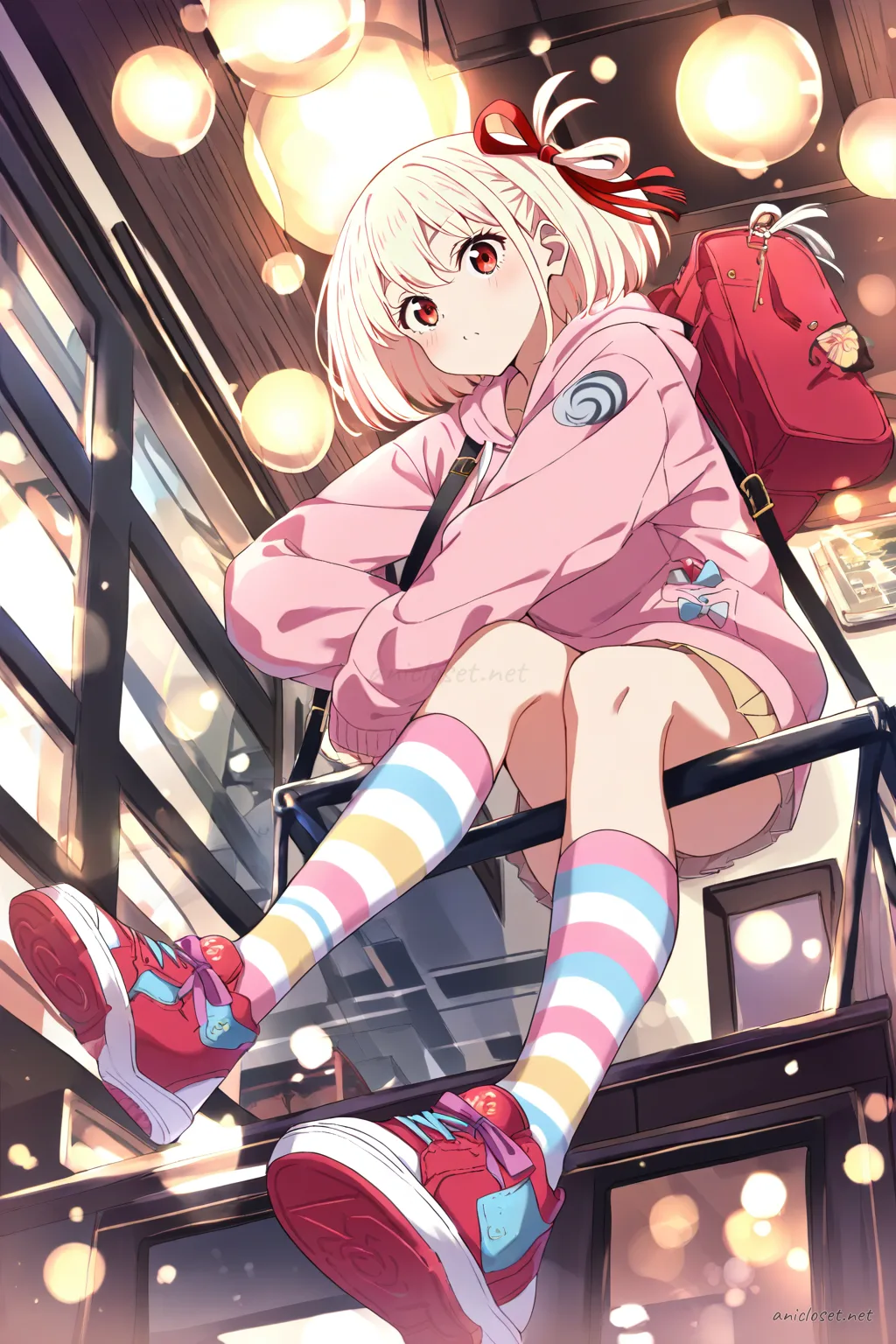 Full body illustration of Chisato Nishikigi walking mid-stride on a sunlit shopping street wearing an oversized pastel hoodie, pleated mini skirt, striped thighhigh socks, sneakers, and crossbody bag