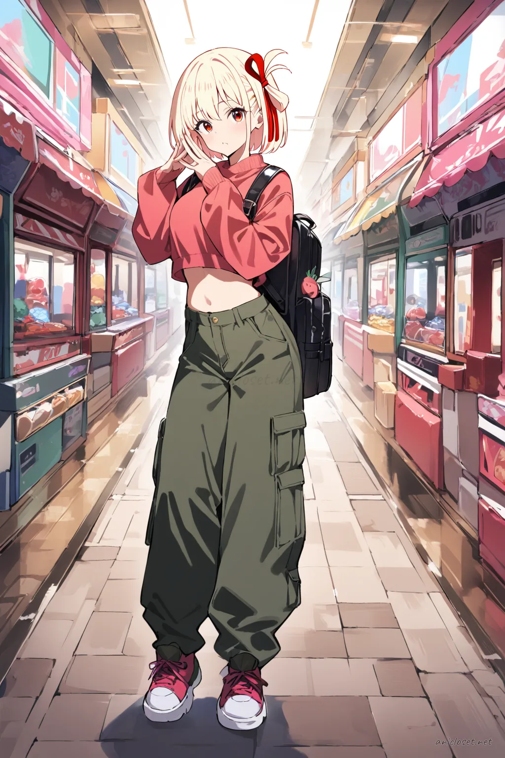 Illustration of Chisato Nishikigi wearing a cropped sweater, cargo pants, chunky sneakers, and tiny backpack, looking back over shoulder in a covered shopping arcade with soft daylight