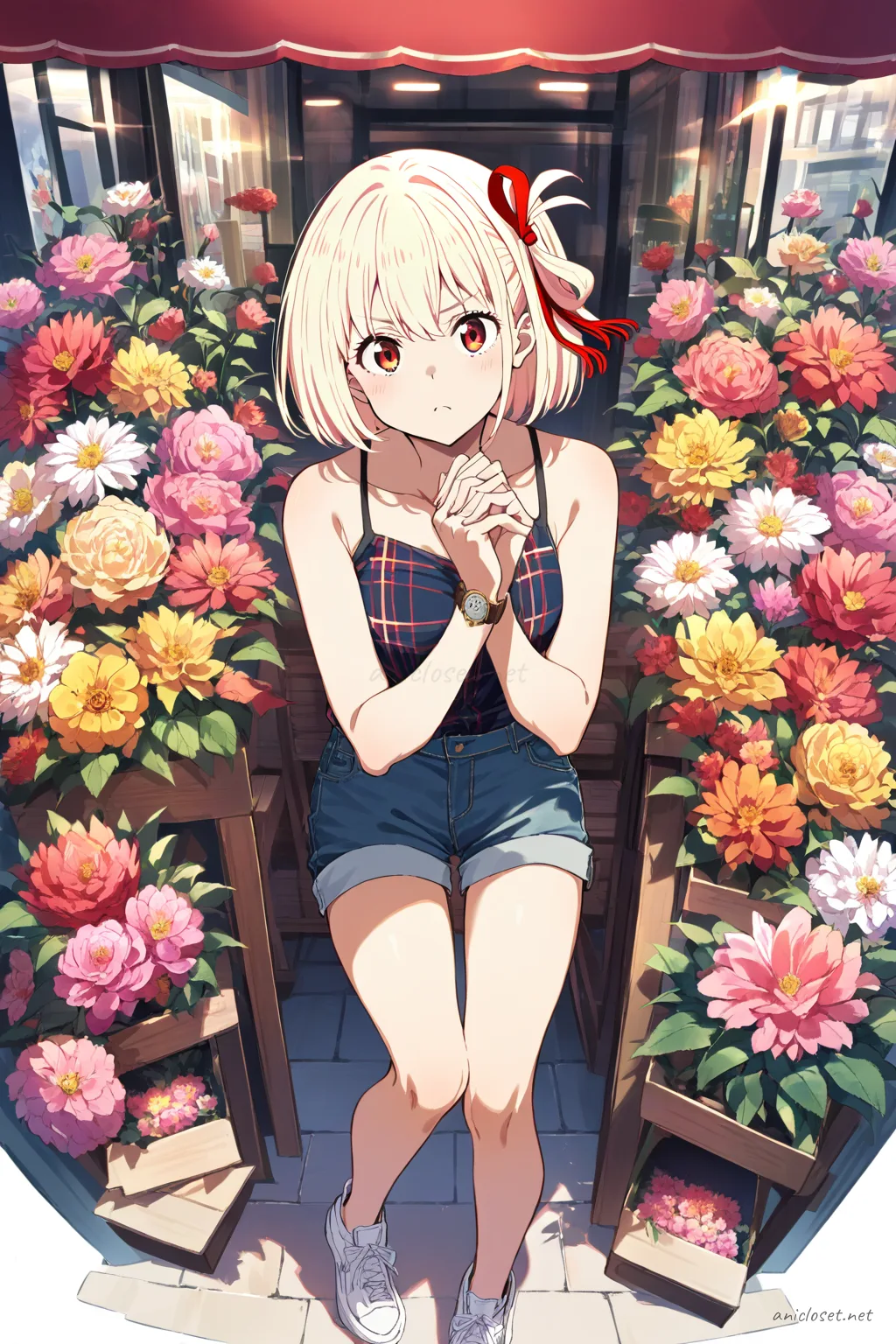 Illustration of Chisato Nishikigi sitting on a curb wearing a plaid shirt over a camisole, denim shorts, white sneakers, with cherry trees and park path in background