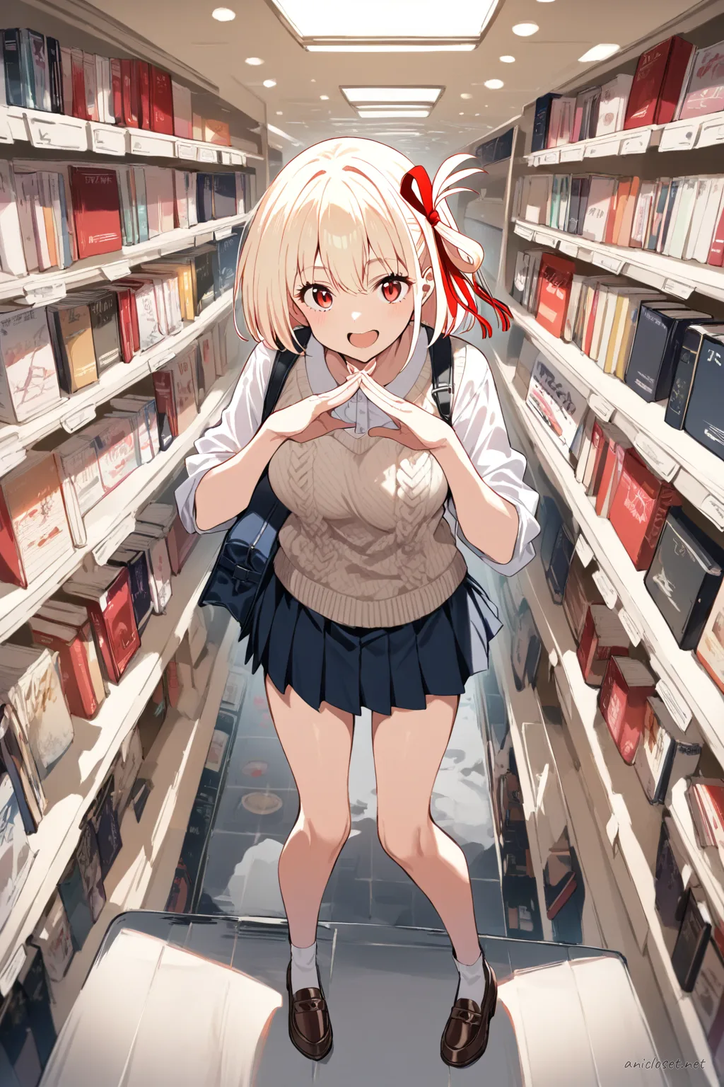 Illustration of Chisato Nishikigi wearing a knit vest over white blouse, pleated mini skirt, loafers, carrying a book bag, walking briskly under tree-lined avenue with dappled sunlight