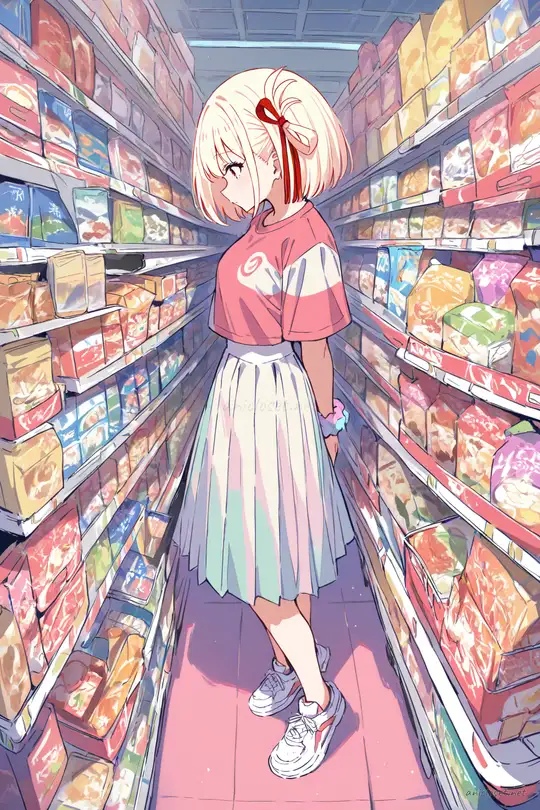 Full body three-quarter view of Chisato Nishikigi in a white cropped tee, pleated tennis skirt, white sneakers, and pastel scrunchie, twirling in an open plaza with pigeons under a soft bright sky
