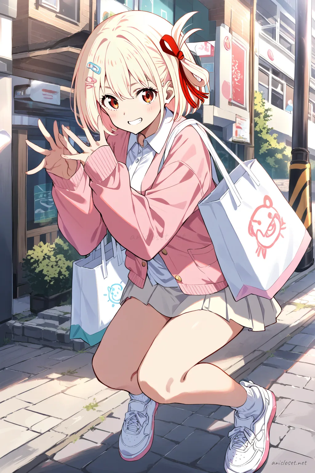 Chisato Nishikigi seated by cafe window wearing pastel pink cardigan, white mini skirt, tote bag, and hair clips
