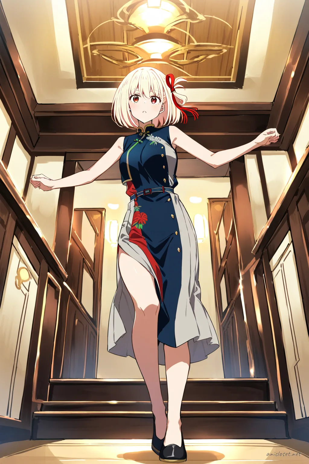 Full body illustration of Chisato Nishikigi wearing a navy cheongsam with subtle floral embroidery, sleeveless mandarin collar, side slits, and black flats, viewed from below showing shoes