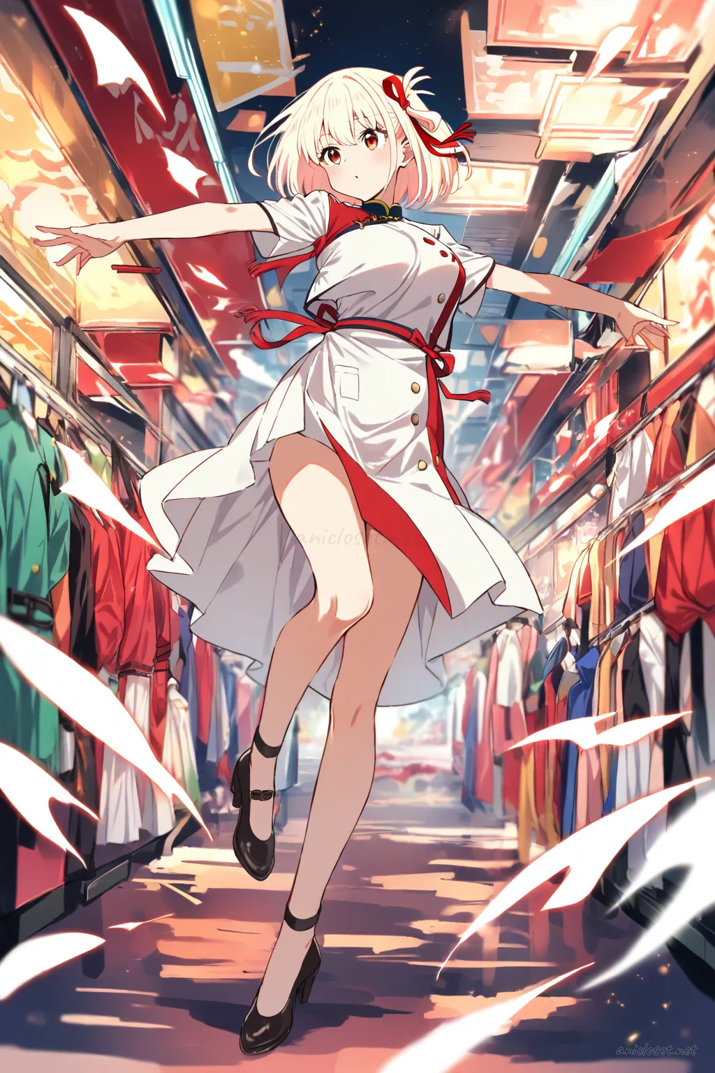 Full body illustration of Chisato Nishikigi in white silk qipao with lace trim, frog buttons, side slit, mandarin collar, and ankle strap heels