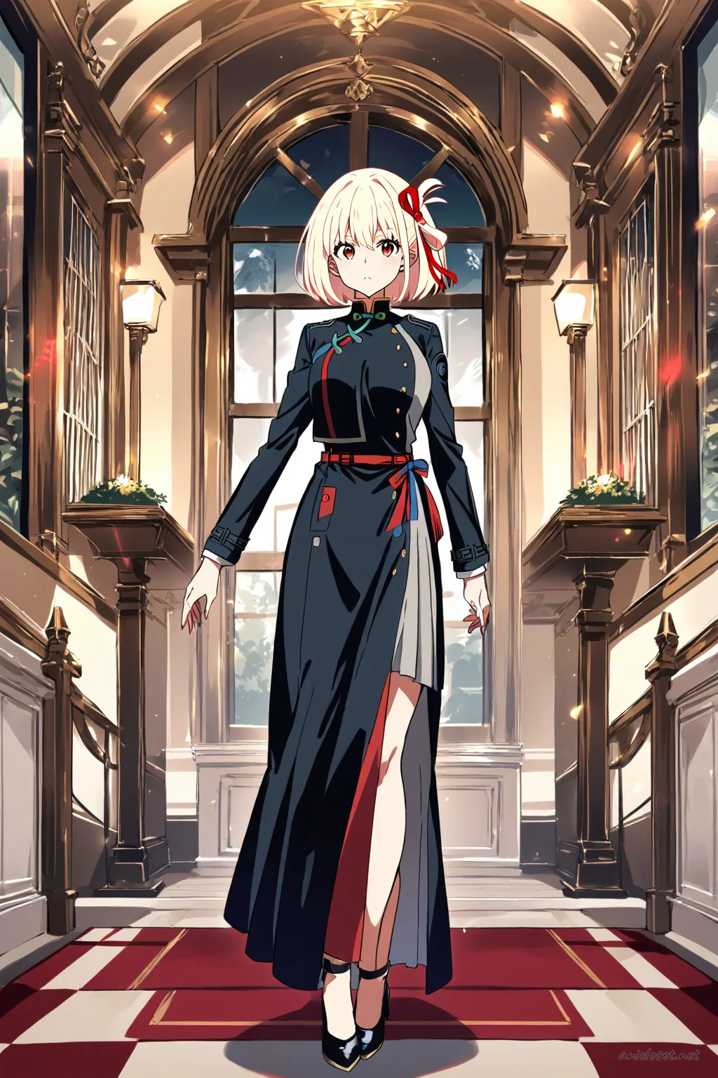 Full body front illustration of Chisato Nishikigi wearing a black gothic qipao with high collar, lace panels, slit skirt, and black heels