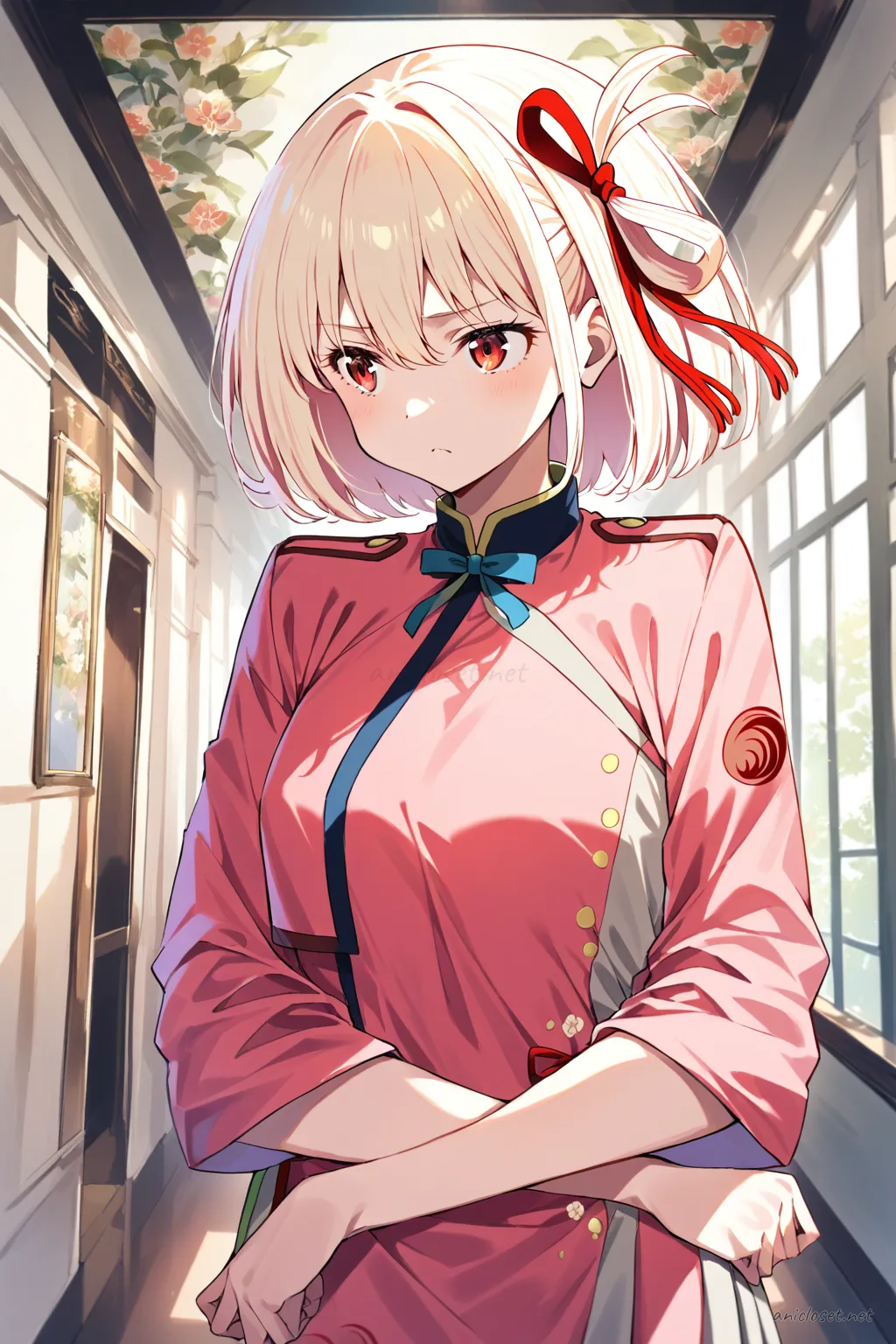 Illustration of Chisato Nishikigi wearing a pastel pink qipao with floral embroidery, mandarin collar, side slits, lace trim, and hair ribbon