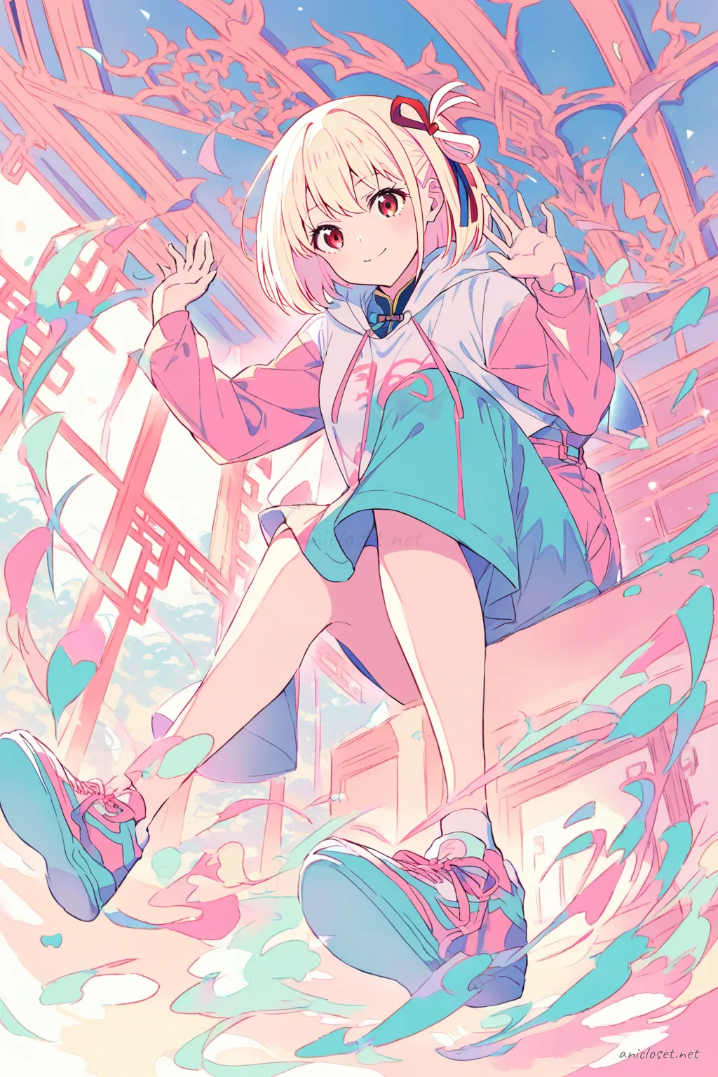 Full body illustration of Chisato Nishikigi wearing a fitted qipao dress layered with a street hoodie and sneakers, viewed from below highlighting shoes