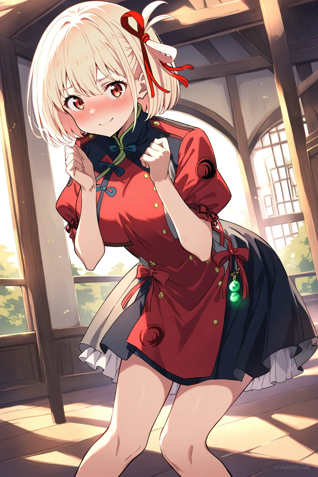 Illustration of Chisato Nishikigi wearing a qi-Lolita hybrid China dress with high collar, frilled hem, puff sleeves, lace trim, and jade charm accessories