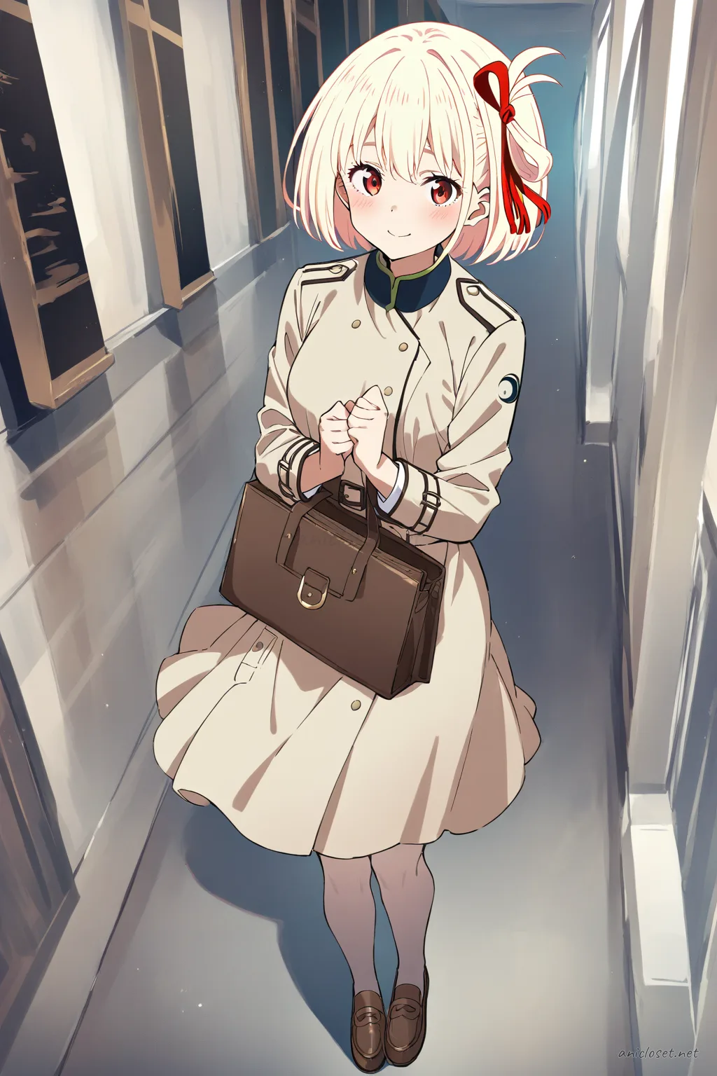 Illustration of Chisato Nishikigi wearing a beige tailored blazer dress with belted waist and loafers, carrying a leather tote in an office corridor