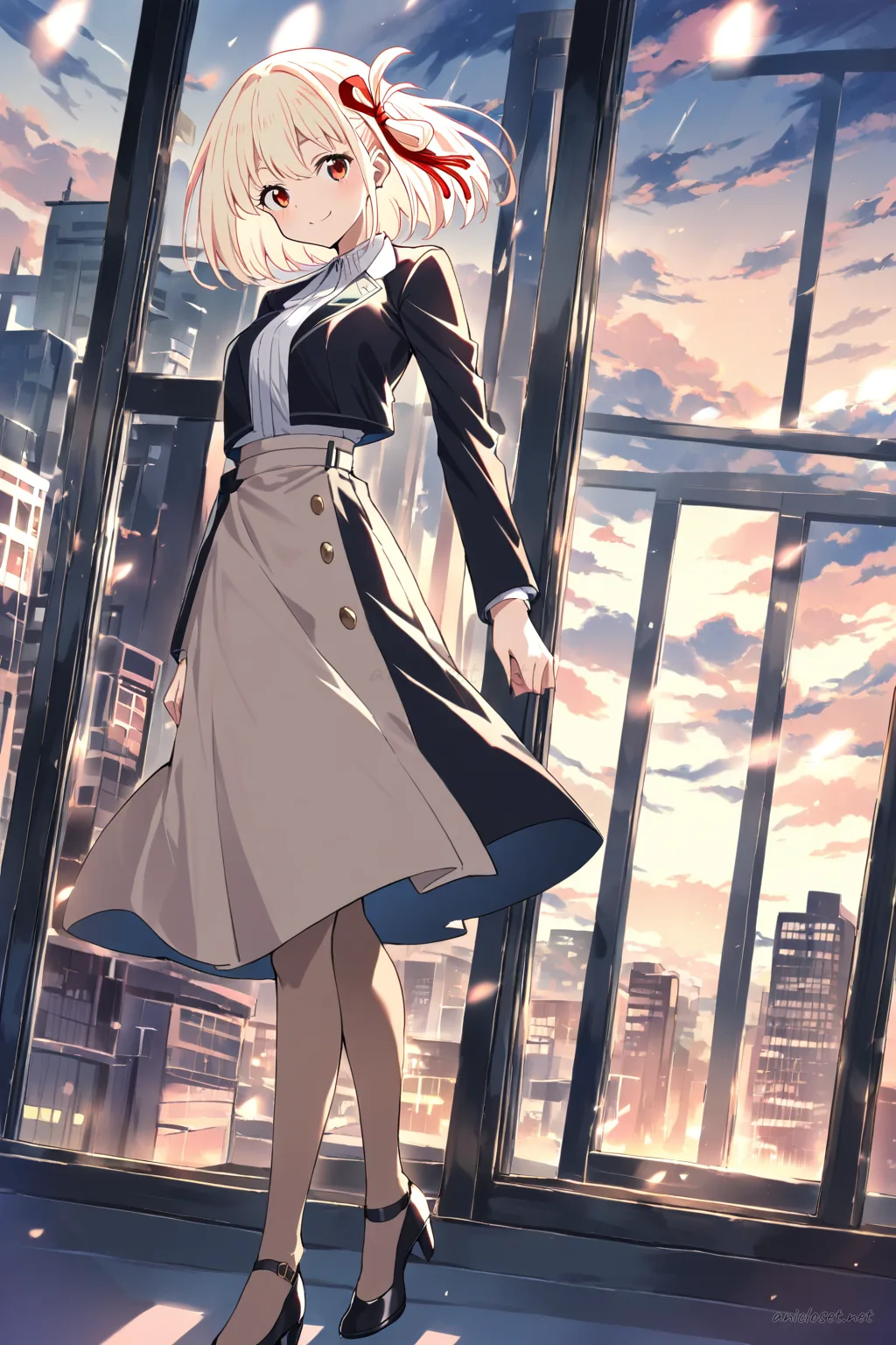Illustration of Chisato Nishikigi in formal attire, black blazer over white blouse, high-waist pencil skirt, black pumps, posing in elevator lobby