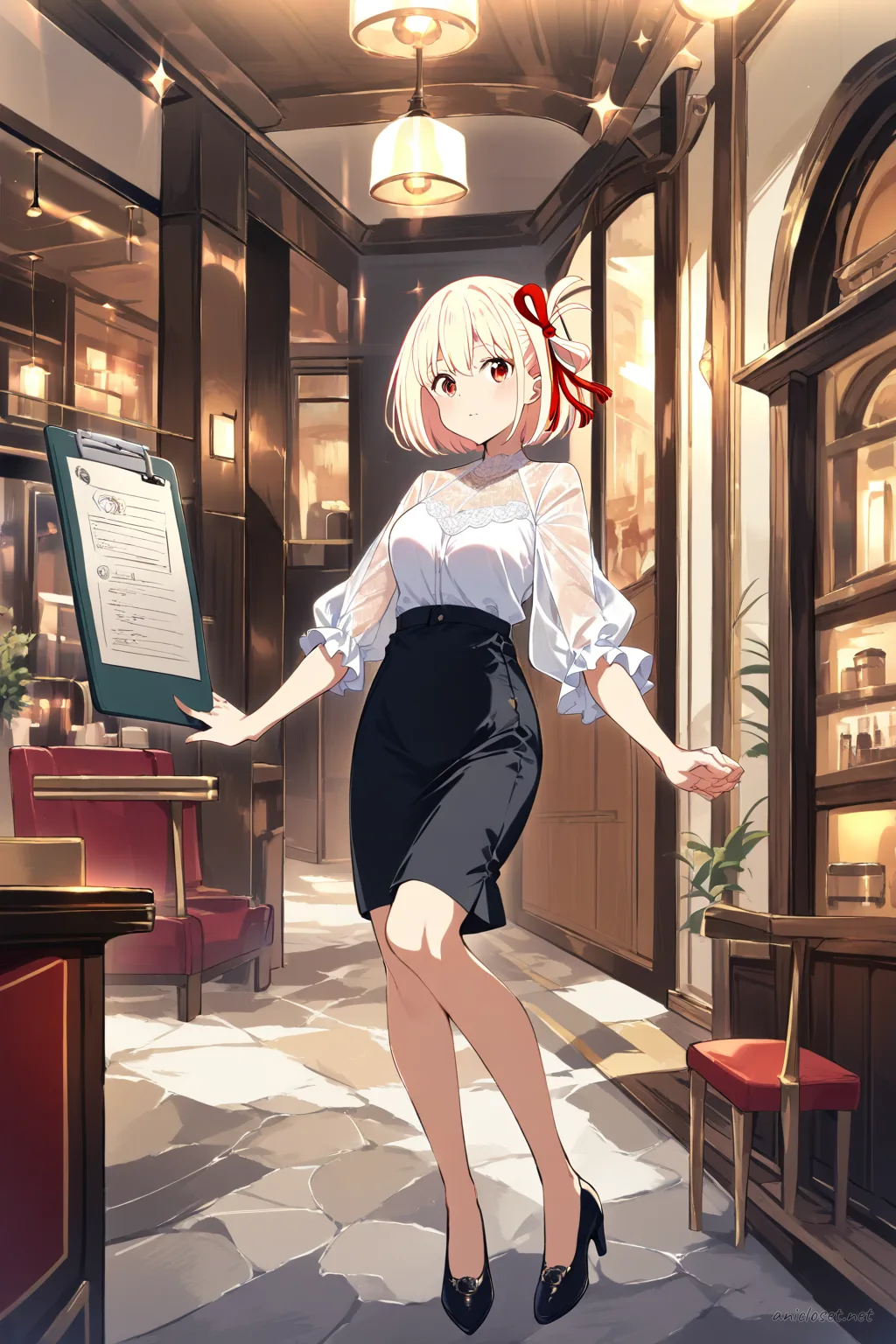 Illustration of Chisato Nishikigi wearing a white blouse with sheer sleeves tucked into a black midi pencil skirt, black pumps, holding a clipboard in a bright conference room