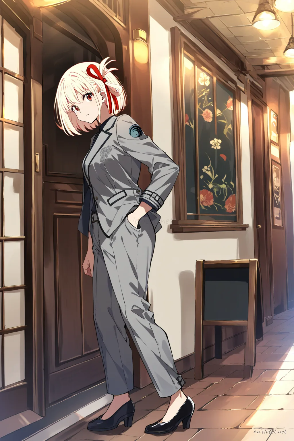 Illustration of Chisato Nishikigi in a grey check pantsuit with fitted blazer and silk camisole, walking outside a glass building entrance with hand in pocket