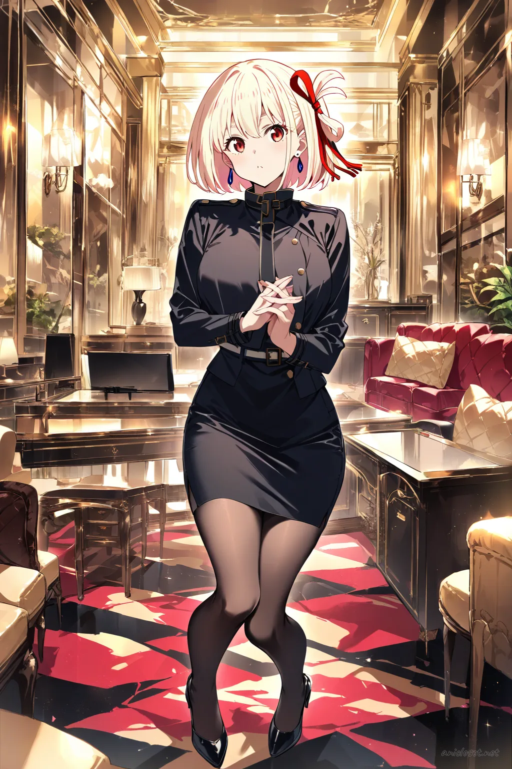 Illustration of Chisato Nishikigi wearing a black peplum jacket and slim pencil skirt with statement earrings and black pumps in a night city office