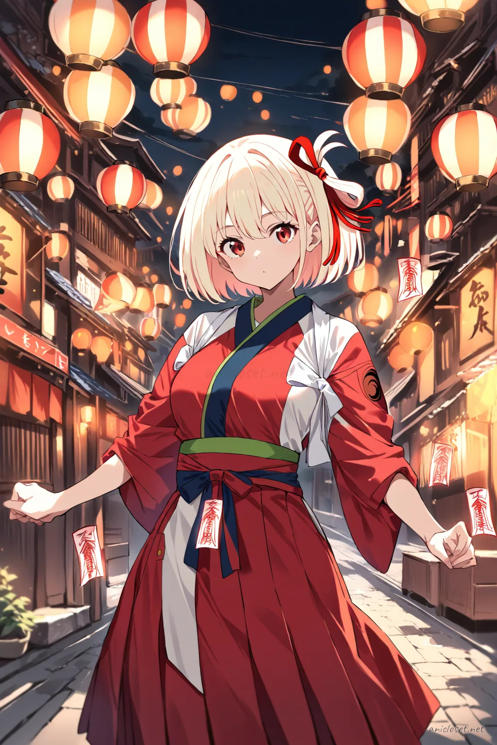 Illustration of Chisato Nishikigi in a white kosode and red hakama shrine maiden outfit, front view, cowboy shot