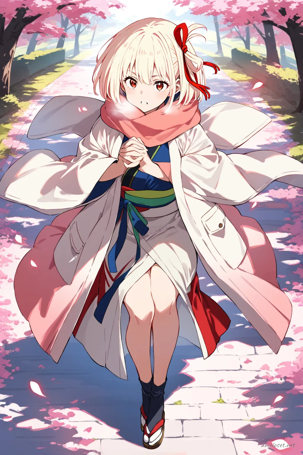 Illustration of Chisato Nishikigi wearing a layered winter kimono with haori coat and muffler scarf