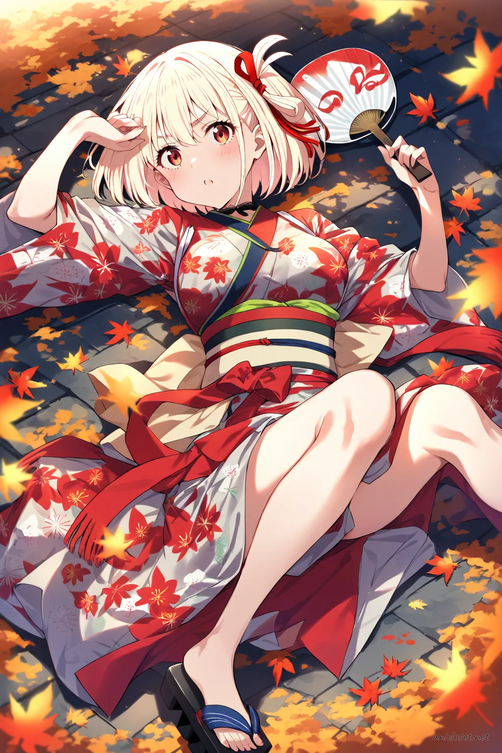 Illustration of Chisato Nishikigi wearing a bright floral yukata with obi sash, holding a uchiwa fan, adorned with a festival hairpin and geta sandals
