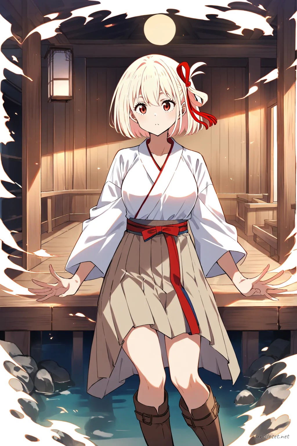 Chisato Nishikigi in Taisho roman hakama kimono with white blouse, pleated hakama skirt, brown boots, and red ribbon belt, front cowboy shot