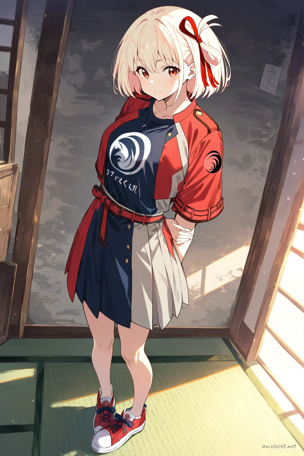 Illustration of Chisato Nishikigi wearing a street kimono jacket over a graphic tee and pleated skirt, accessorized with an obi belt bag and sneakers, shown in full body three-quarter view