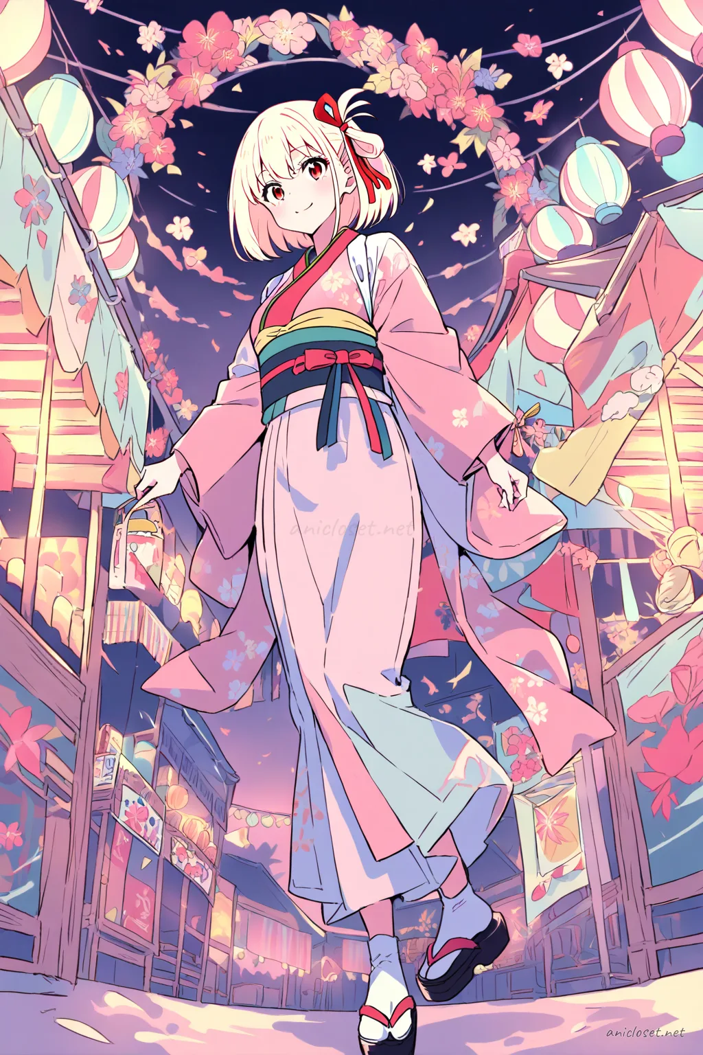 Full body illustration of Chisato Nishikigi wearing a pastel komon kimono with a neat obi, floral hairpin, tabi socks, and zori sandals, viewed from below showing shoes