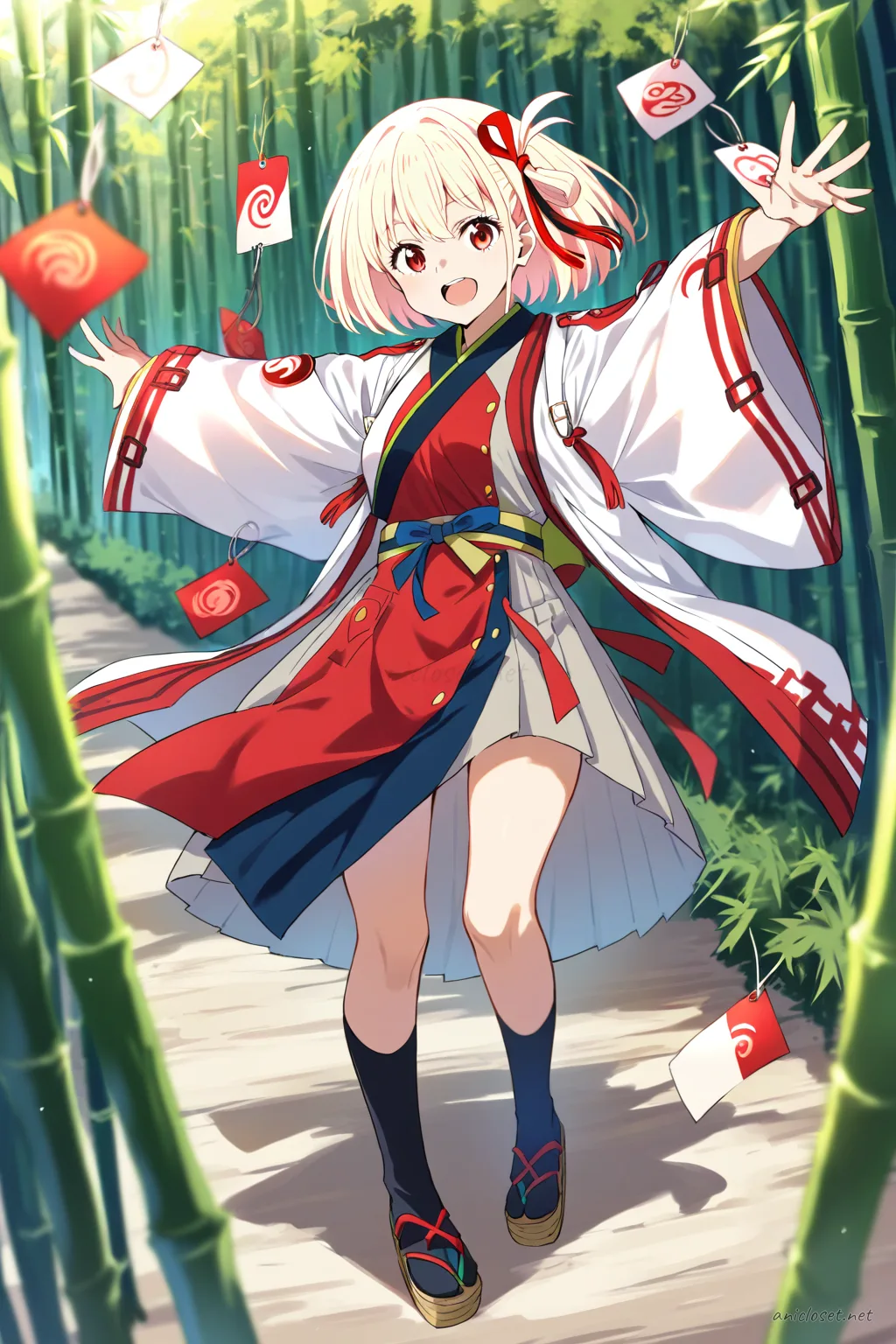 Full body illustration of Chisato Nishikigi wearing onmyouji-inspired modern kimono robes with layered haori, wide obi belt, tabi socks, and zori sandals