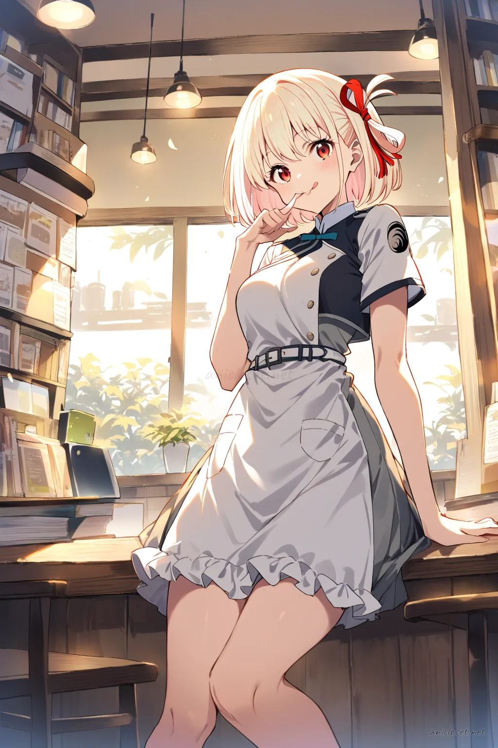 Illustration of Chisato Nishikigi in a maid outfit with qipao collar, short sleeves, frilled apron, and frog-button accents