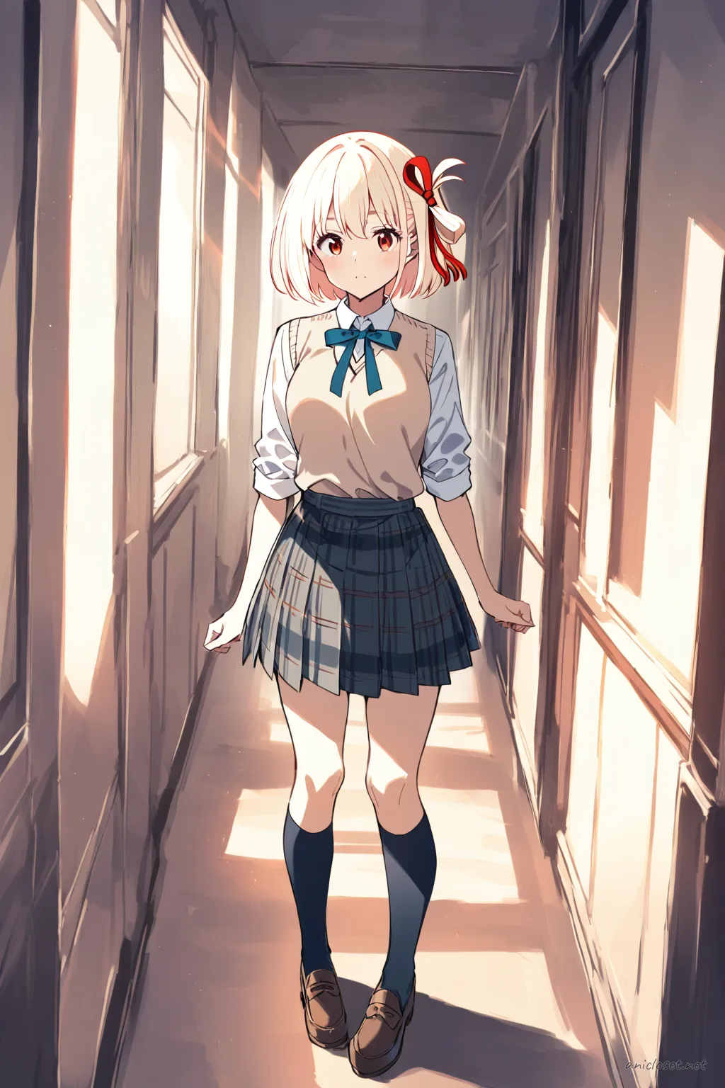 Full body illustration of Chisato Nishikigi in school uniform with beige sweater vest, white shirt, plaid skirt, navy knee socks, and brown loafers, standing