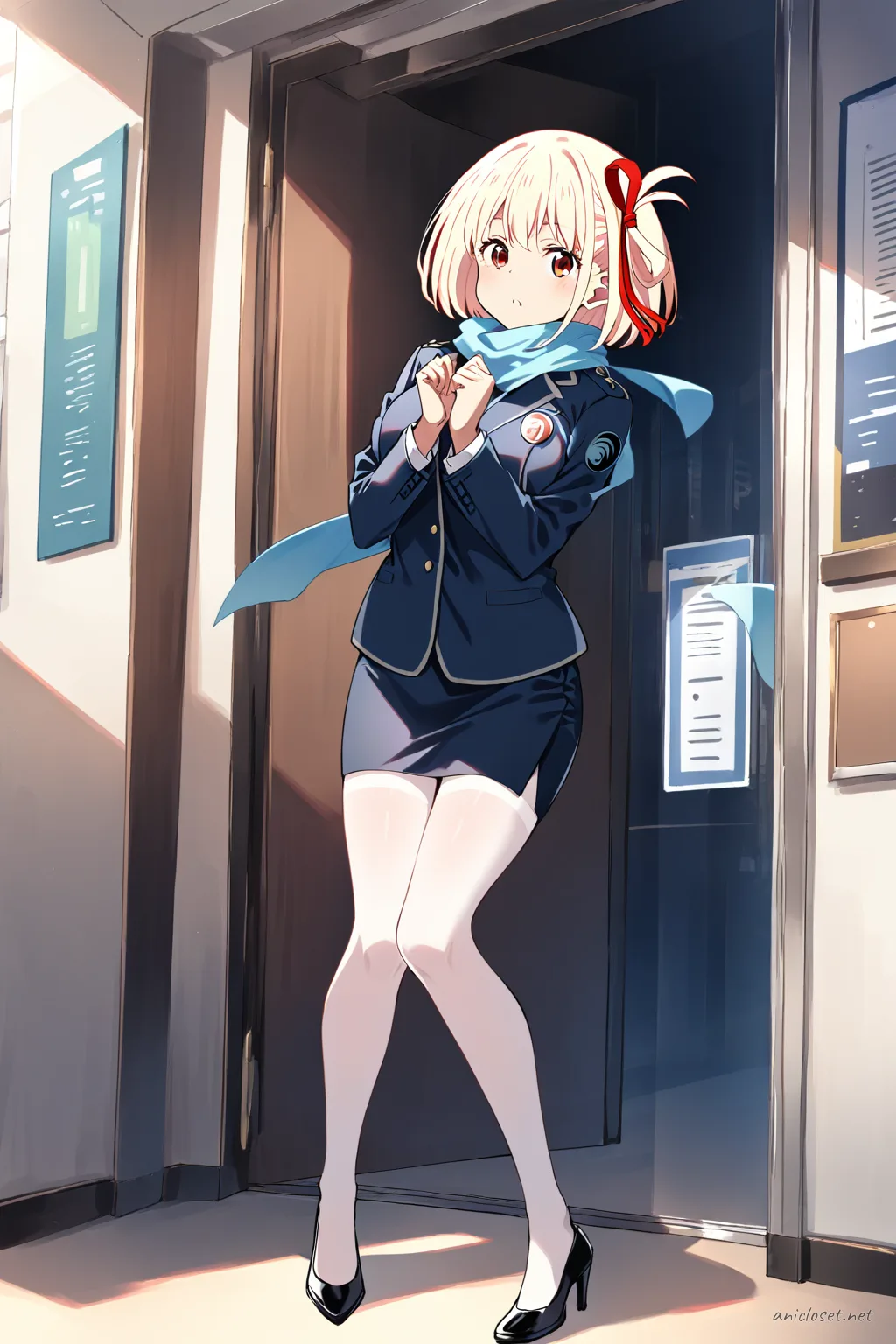 Full body illustration of Chisato Nishikigi wearing a tailored airline-style cabin-attendant uniform with scarf, pencil skirt, sheer tights, and black pumps