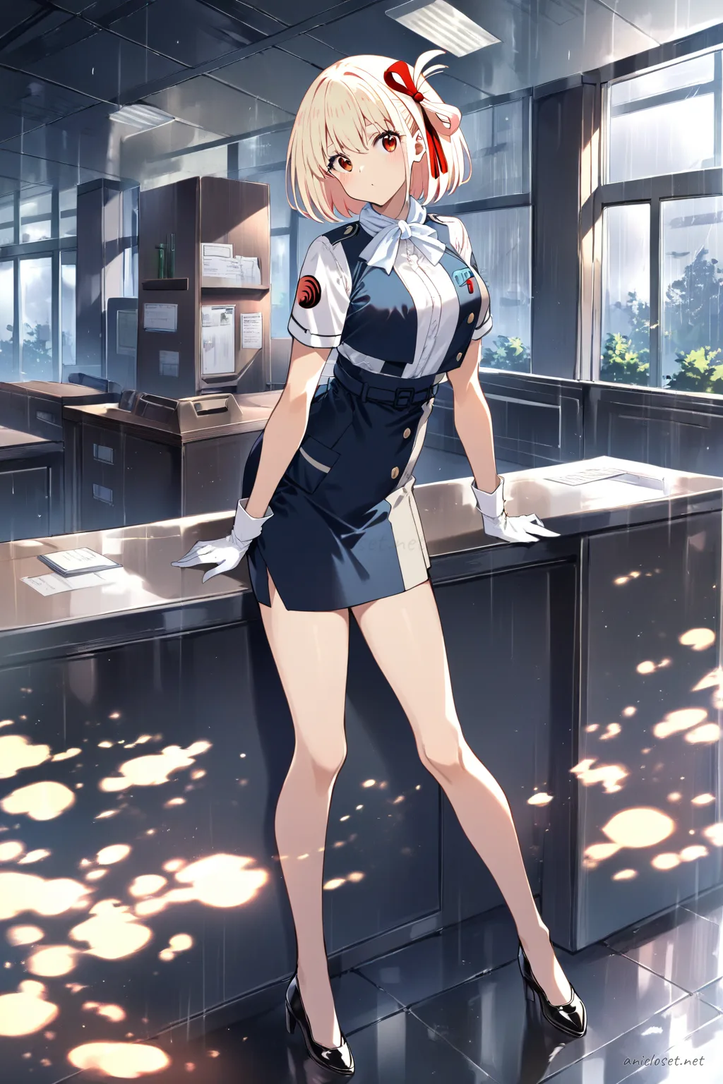 Full body illustration of Chisato Nishikigi in hotel concierge uniform with tailored vest, white blouse, pencil skirt, name badge, white gloves, low heels, and silk neck scarf, standing