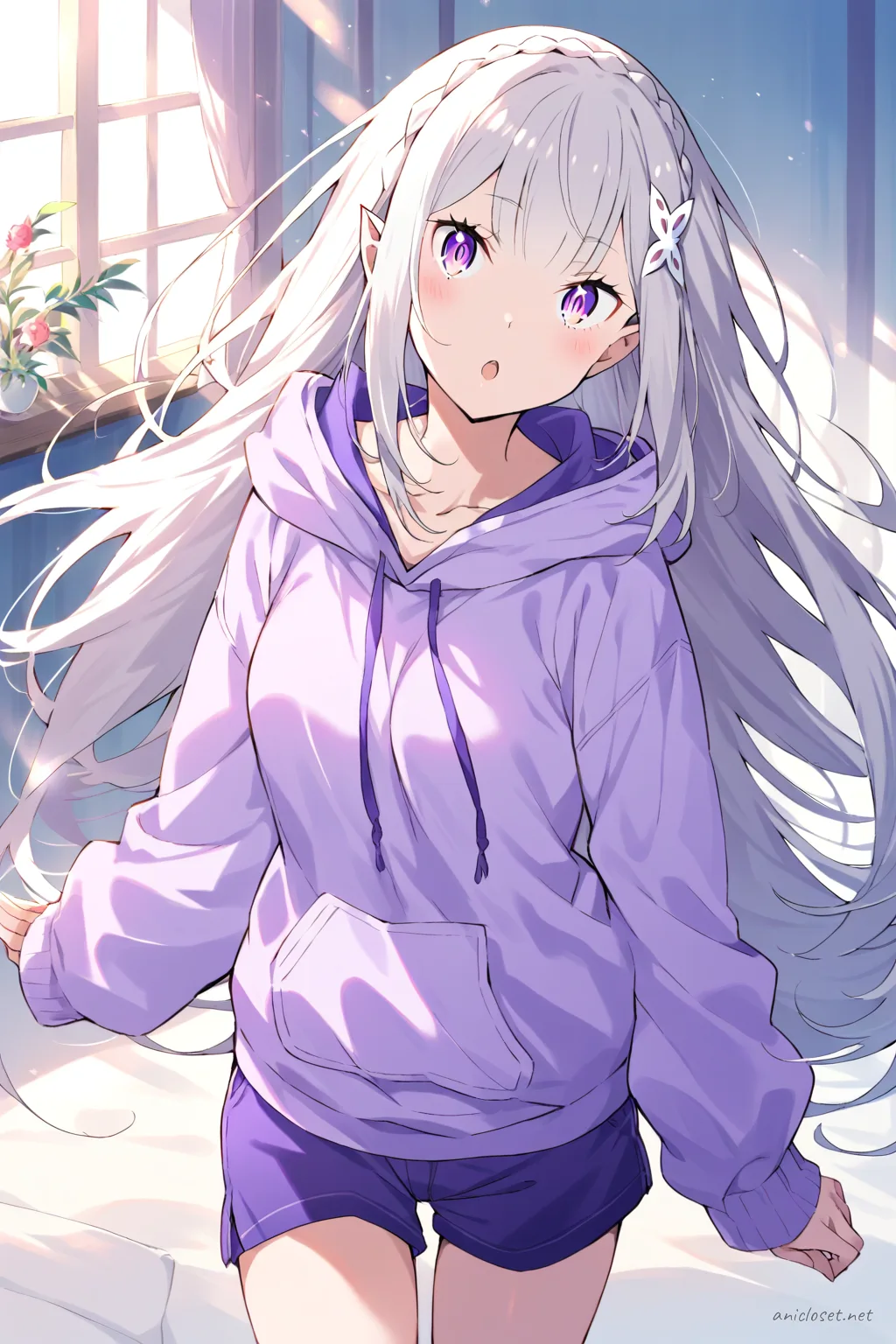 Full-body three-quarter view of Emilia wearing a pastel purple oversized hoodie with drawstrings and kangaroo pocket, paired with loose fit casual cotton shorts, ankle socks, and slip-on indoor slippers against a clean studio background