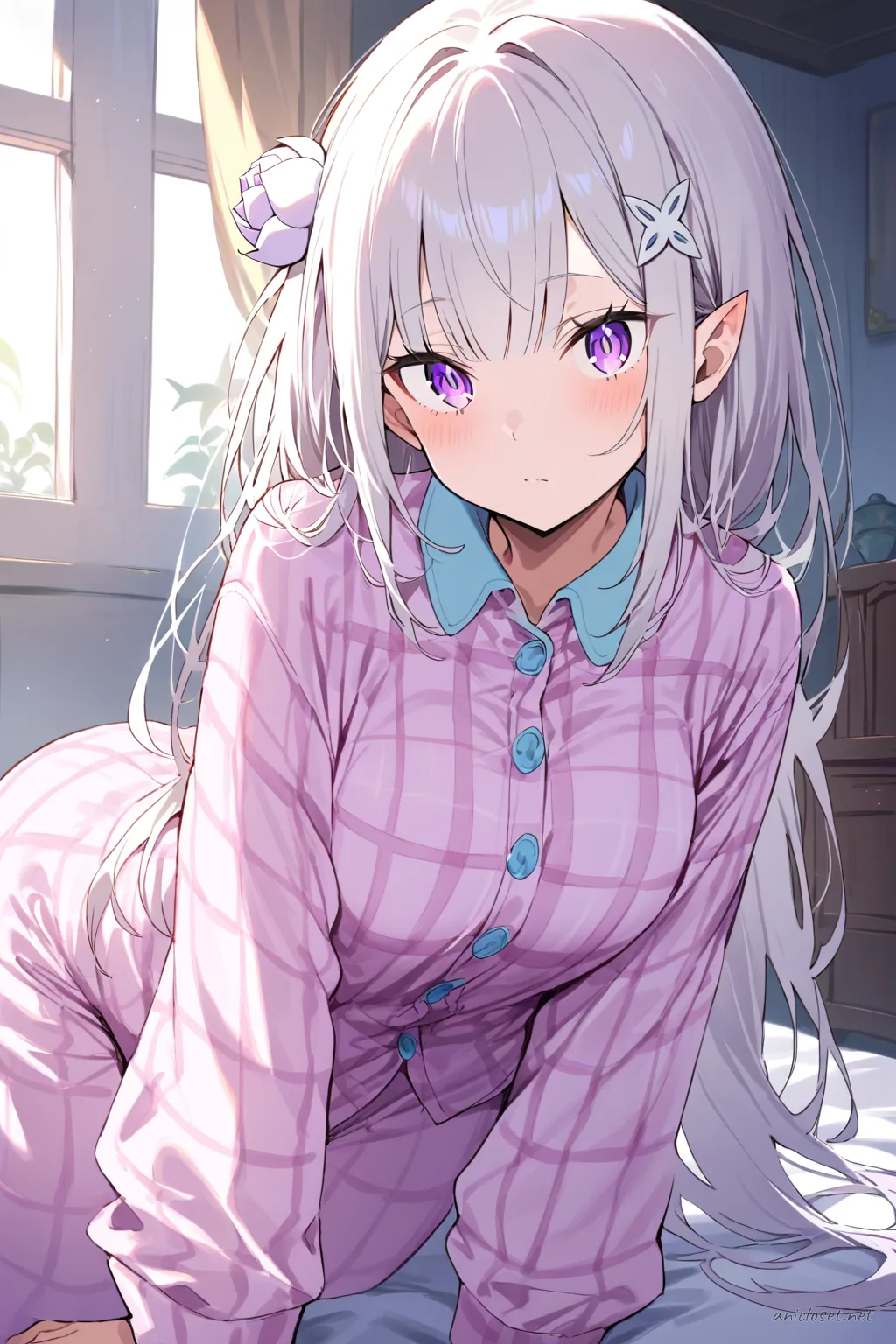 Knee-up half-body illustration of Emilia from Re:Zero wearing a pastel flannel pajama top with ribbed cuffs, relaxed fit pants, cozy slippers, and a warm knit cardigan against a clean studio background