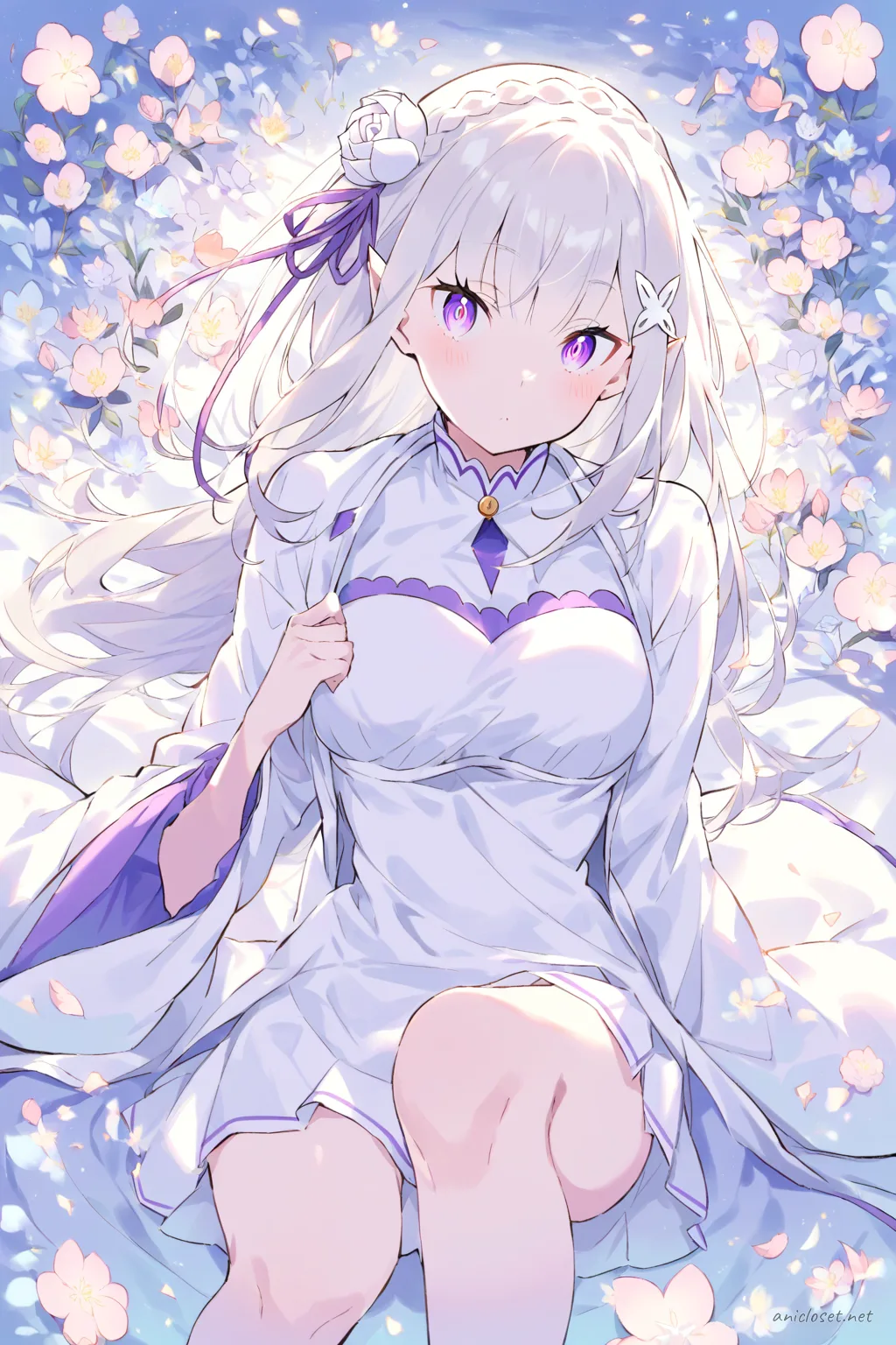 Illustration of Emilia from Re:Zero wearing a soft pastel long sleeve robe over a simple short tee dress, knee-up half-body view with soft studio lighting