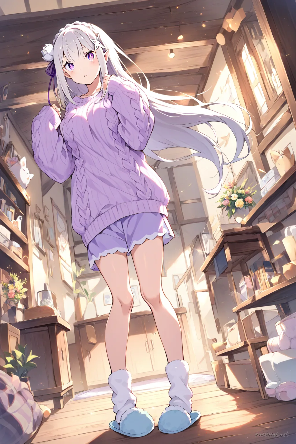 Full-body illustration of Emilia from Re:Zero wearing a pastel pink oversized knit sweater, light lavender lounge shorts, fuzzy white crew socks, and soft pastel blue slippers, standing against a clean studio backdrop