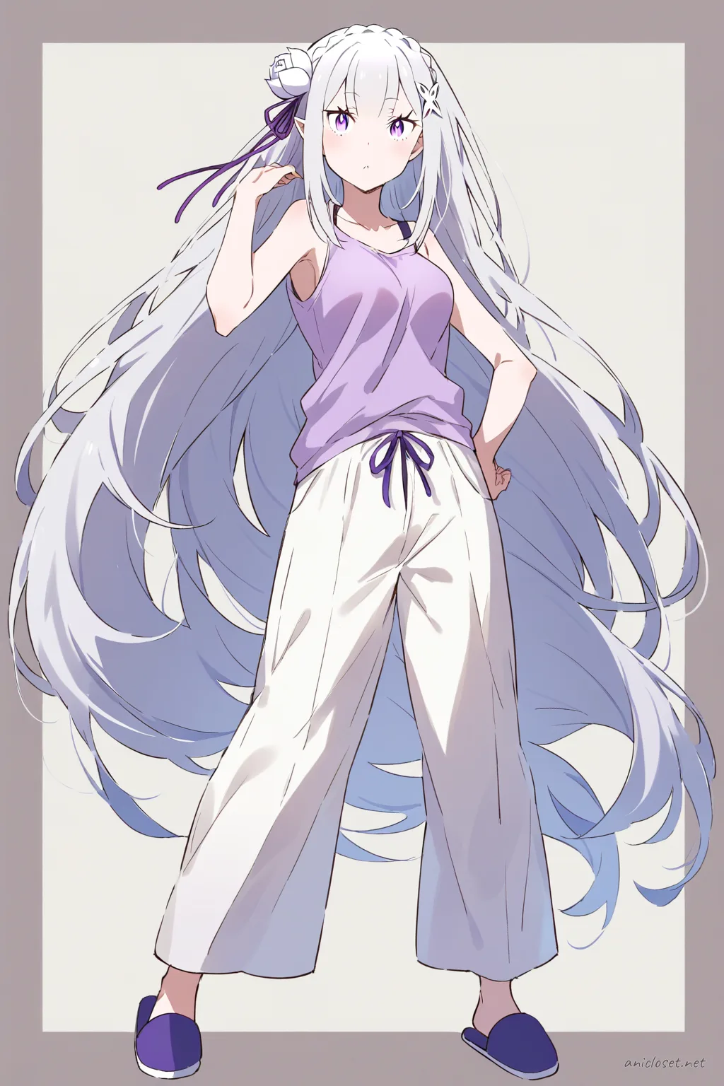 Full-body illustration of Emilia standing in a tank top and wide-leg linen pants with slip-on slippers against a clean studio backdrop