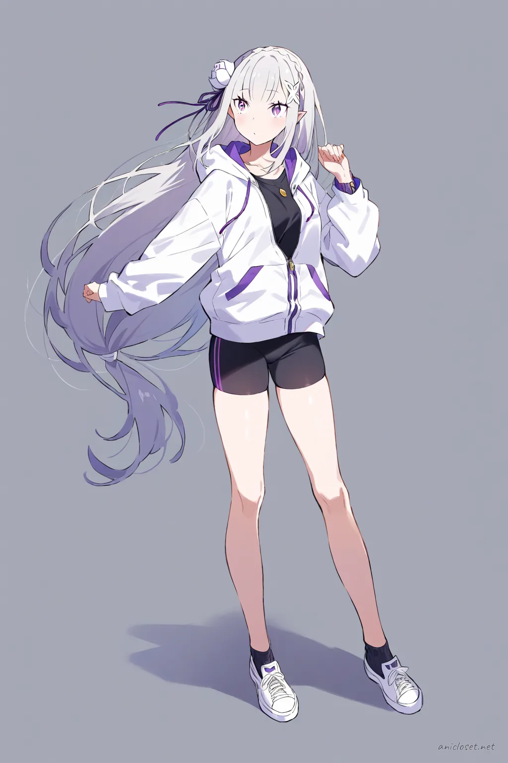 Full-body illustration of Emilia in a zip-up hoodie and bike shorts standing against a clean studio backdrop, wearing slip-on sneakers and minimal jewelry