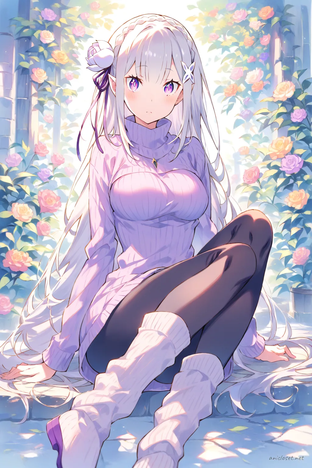Full-body illustration of Emilia from Re:Zero wearing a light pastel long knit tunic with ribbed texture, black opaque leggings, cozy socks, and slip-on loafers, standing against a clean studio backdrop