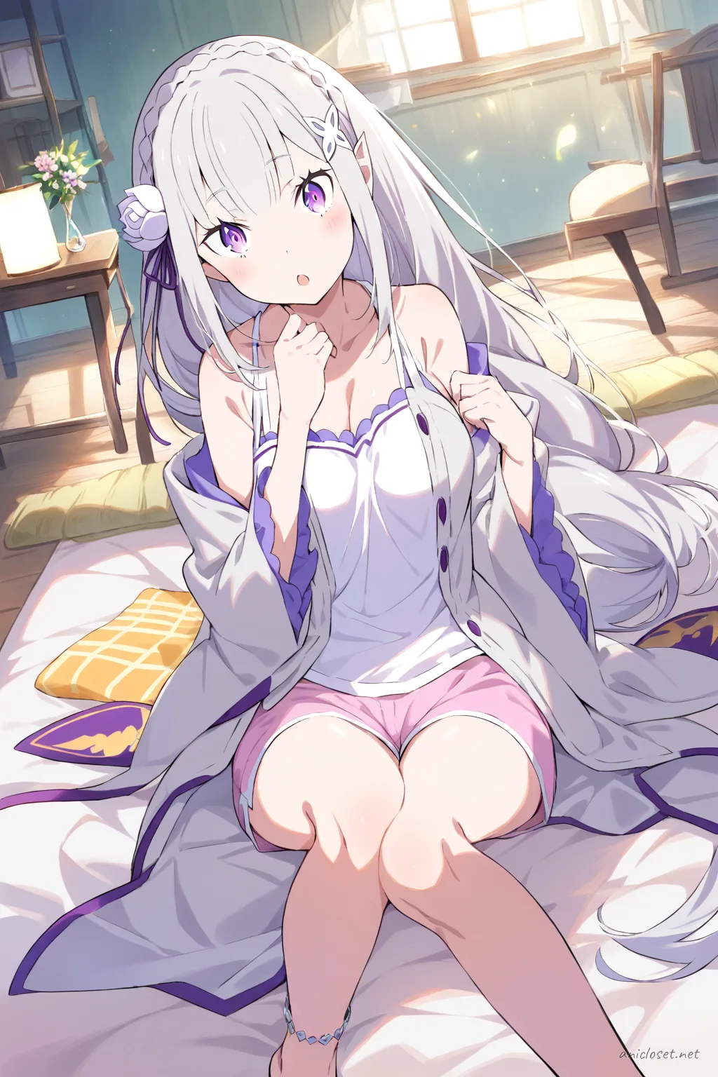 Full-body illustration of Emilia from Re:Zero standing in a casual lounge outfit with white camisole, gray cardigan, pastel pink shorts, optional hair towel, and bare feet against a clean studio background